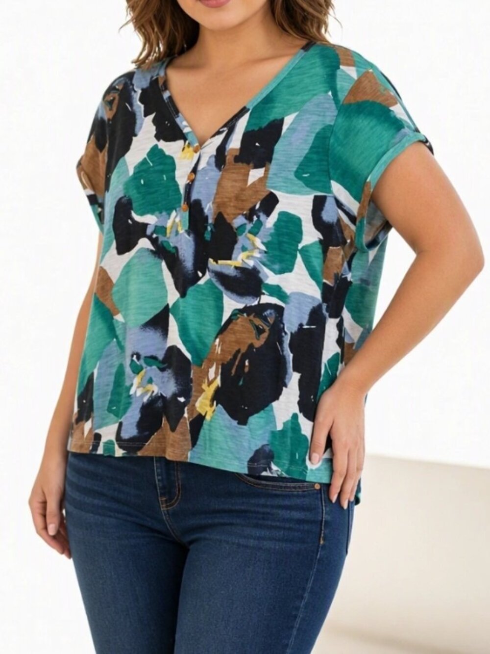 Chico's Abstract Floral Slub Knit Top Blouse Shirt L Coastal Chic Resort Boho